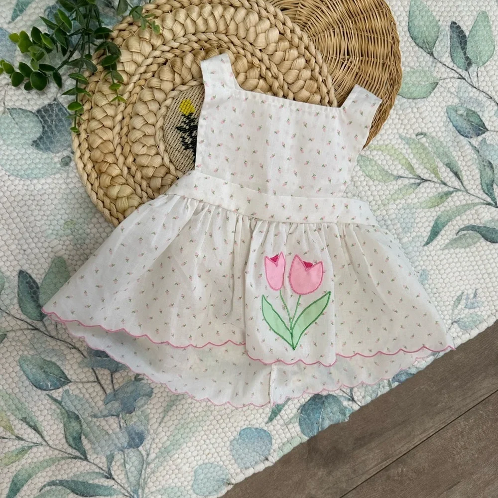 Vintage Baby Girl Delicate White Pink Tulip Floral Jumper Dress Size 9 Months